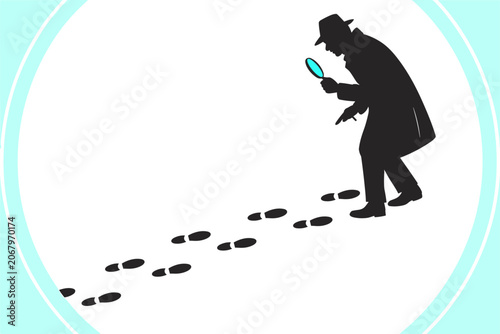 Photos Detective Following Footprints: A shadowy detective in a fedora and trench coat stoops to examine a trail of footprints with a magnifying glass, symbolizing mystery and investigation