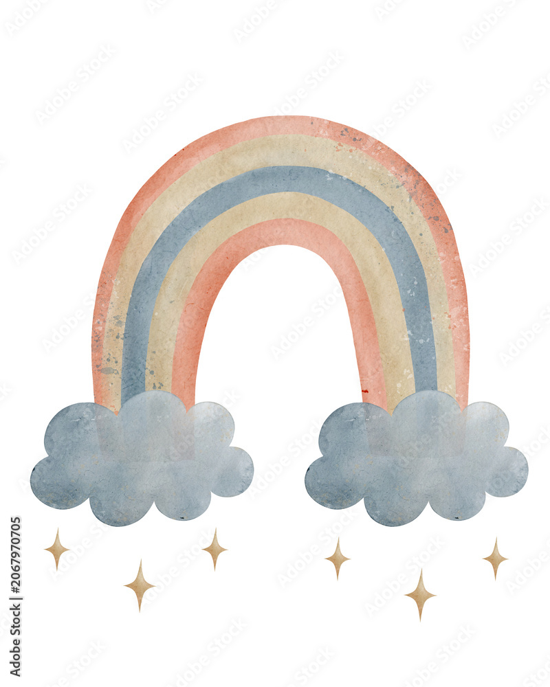 Fototapeta premium Watercolor pastel rainbow with clouds and magic stars, cute boho nursery decor illustration isolated on white background