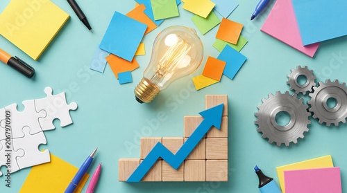 Business innovation concept featuring a glowing light bulb combined with an upward growth arrow. Symbolizes strategic planning, creativity, entrepreneurship, and company growth.