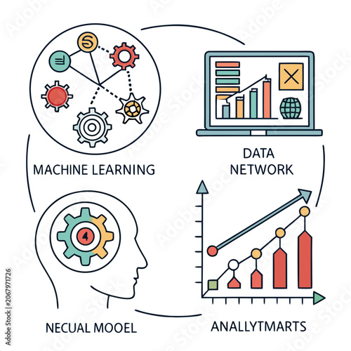 Machine learning concept diagram with neural network, data network and analytics charts