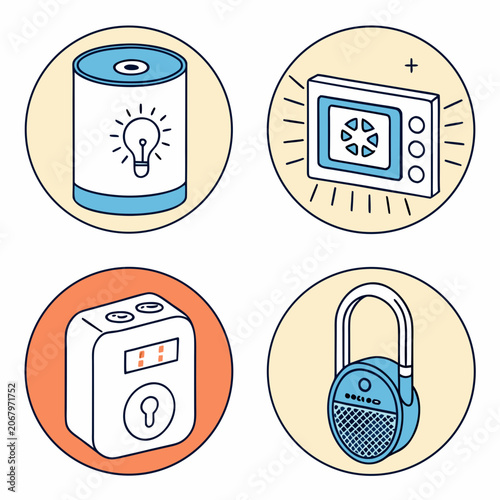 Smart home technology thermostat, security camera, smart plug, and smartphone control