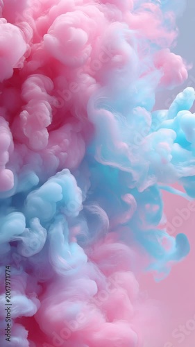 Pastel pink and blue smoke clouds drifting gracefully, vertical video featuring soft dreamy motion, colorful vapor effects and elegant abstract atmosphere