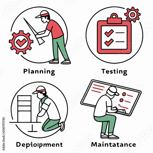 Software development lifecycle stages illustrated with planning, testing, deployment, maintenance