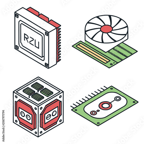 Isometric of computer hardware components: ram, cpu, hard drive, and power supply