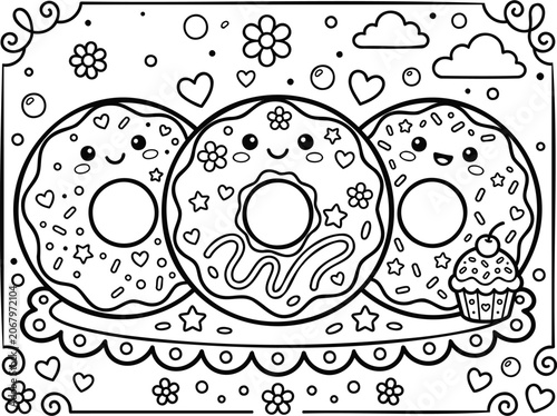 Bild auf Leinwand Charming black and white line art illustration of three decorated donuts with he