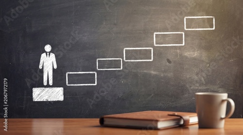 Minimal staircase diagram on dark board symbolizing progress, milestones, structured growth, and long-term business planning.