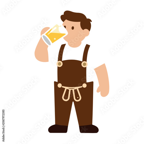 Man in lederhosen drinking beer from a glass mug at a celebration