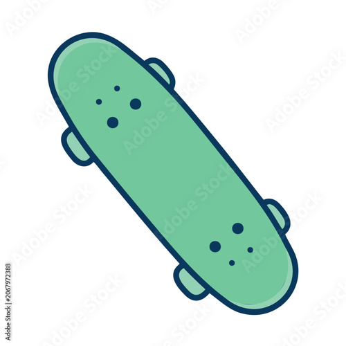 Illustrated skateboard with blue outline and green board for riding and performing tricks