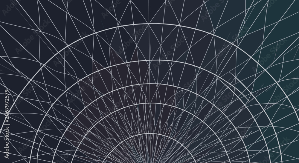 Obraz premium Intricate radial web of thin white lines forming a semi-circular geometric network against a dark background for futuristic concepts.