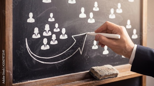 Hand drawing upward arrow connecting team icons, symbolizing business scaling, network growth, leadership expansion, and market development.