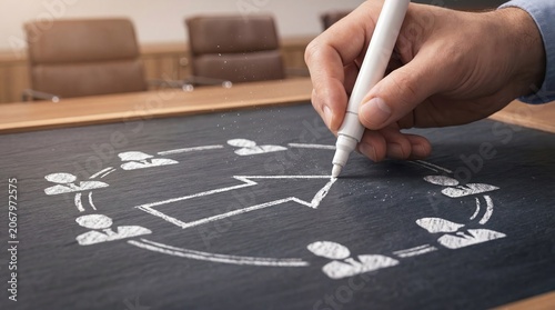 Business professional drawing workflow process diagram with white marker on dark board, illustrating planning, strategy, project management, and operational mapping.