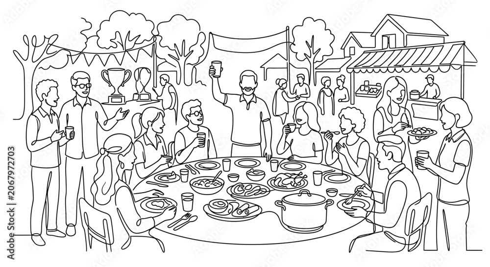 Obraz premium Outdoor Community Celebration with People Enjoying Food and Drinks at a Festive Gathering