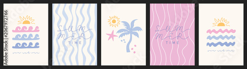Summer beach poster set with ocean waves, palm tree, sun, and starfish. Pastel minimal design on light and pink backgrounds. Vector card collection for tropical seasonal decoration.