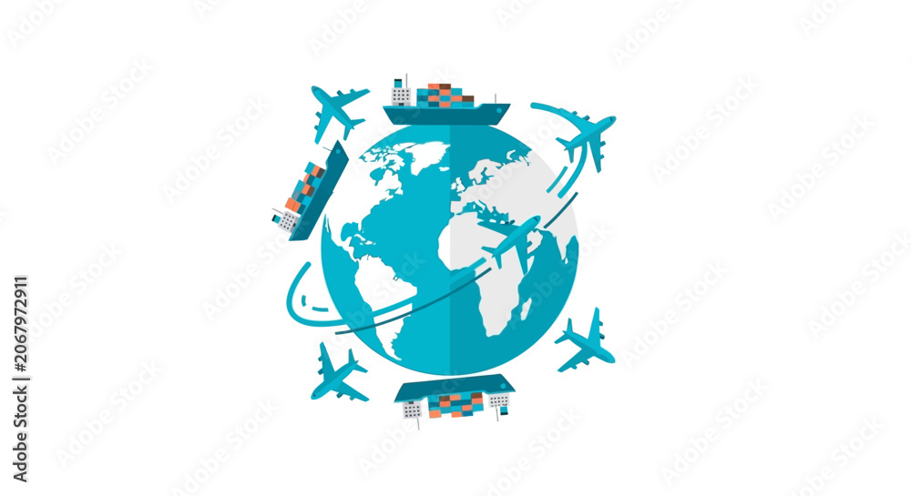 Naklejka premium Global Logistics and International Shipping Illustration with Cargo Planes and Container Ships Around Earth Globe