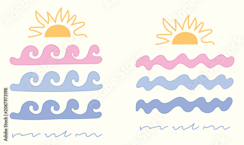 Summer ocean scene set with sun and layered waves in pastel tones. Minimal flat design illustration on light background. Vector artwork for coastal seasonal graphic use.

