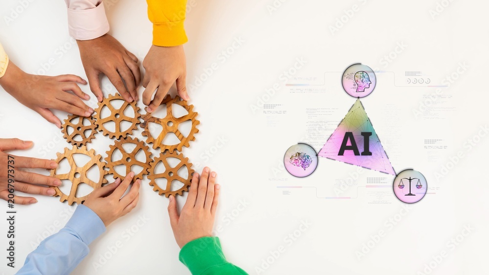 Obraz premium Hands of diverse individuals interact with gears, symbolizing teamwork and collaboration, paired with elements representing artificial intelligence and innovation in a business environment. Raster