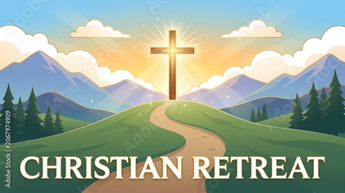 Christian retreat banner with glowing cross on hill