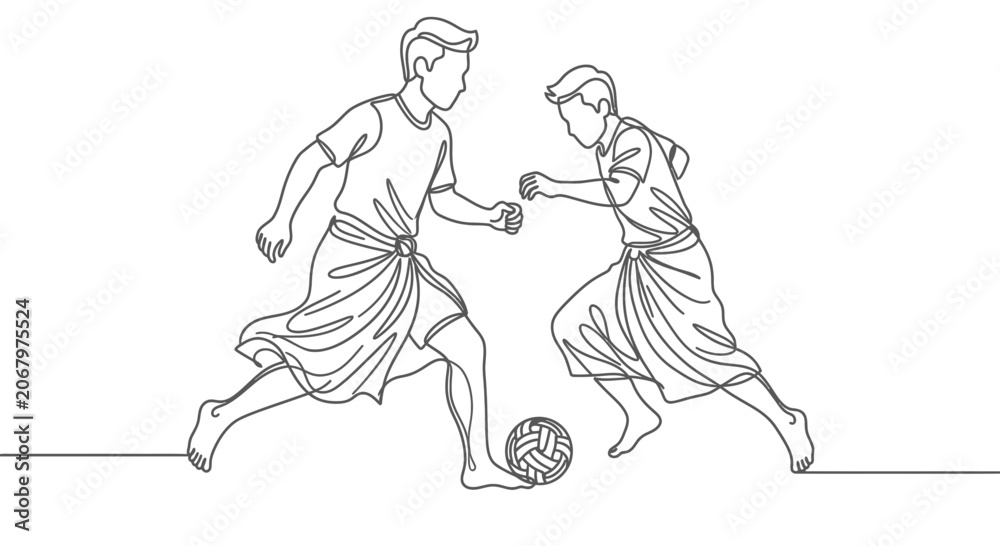 Obraz premium Two men playing Sepak Takraw, dynamic line art illustration, sport concept