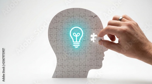 Puzzle-shaped human head with illuminated light bulb icon and hand placing missing piece, symbolizing creativity, problem solving, innovation, and intelligence.
