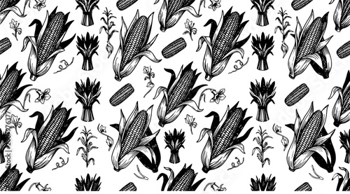 Quadro su tela Hand Drawn Vintage Corn Pattern with Yellow Maize Cobs Vector Illustration EPS
