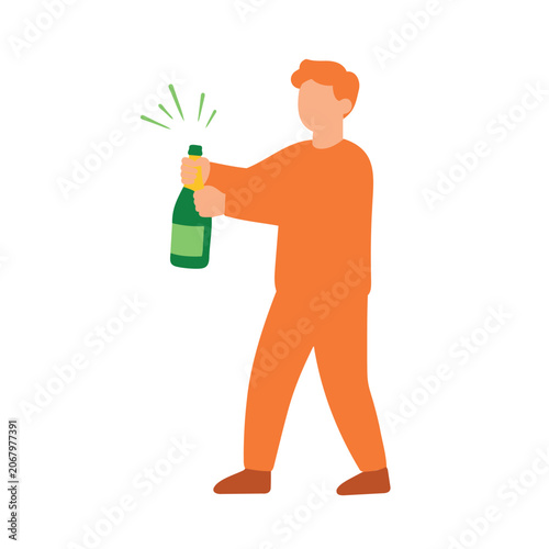 Person in orange suit opens green sparkling wine bottle at a party celebration
