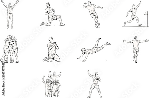Fotografía Soccer players celebrating victory with hugs cheering running and kneeling in dynamic black and white line art set now