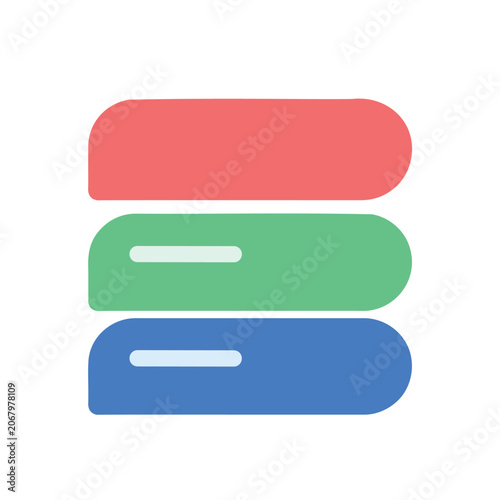 Minimalist stacked block illustration in red, green, and blue with rounded corners