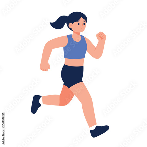 Sporty woman jogging in a running pose with ponytail and athletic outfit, isolated on white background