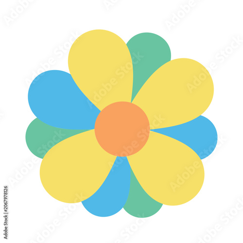 Whimsical flower illustration with yellow, blue, green and orange petals in pastel colors