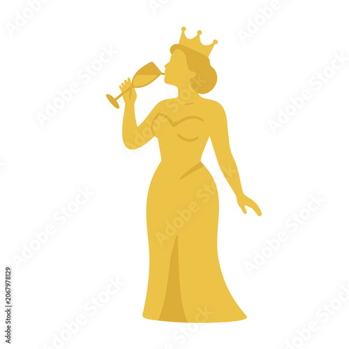 Golden queen wearing a crown drinking wine in a golden dress illustration