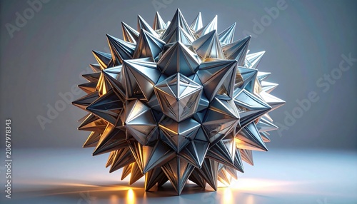 A futuristic metallic geometric sphere with sharp spikes reflecting blue and orange light sits on a glossy surface. This abstract, hightech sculpture evokes innovation. Nobody.