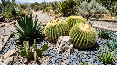 Desert landscape with golden barrel cacti and agave plants