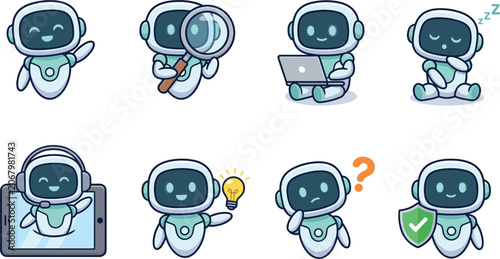 Konstfotografi Cute robot character vector icon set featuring artificial intelligence chatbot s