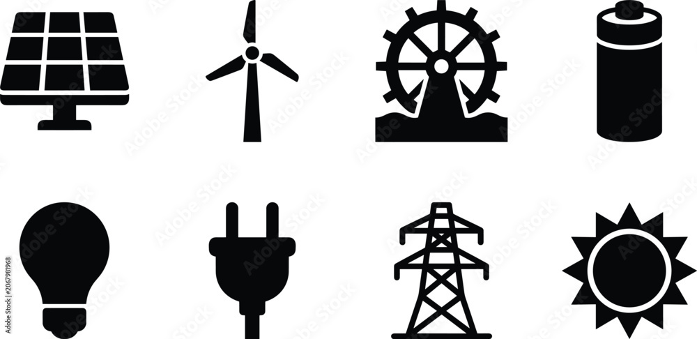 Naklejka premium Renewable Energy and Power Generation Icon Set with Solar Wind Battery and Electricity Symbols