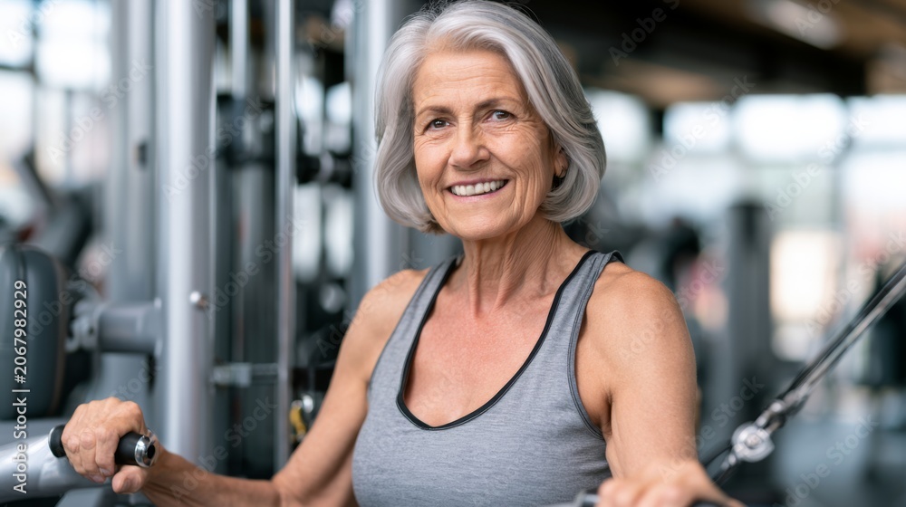 Fototapeta premium Elderly Woman Smiling While Using Modern Fitness Equipment in a Bright Gym Environment