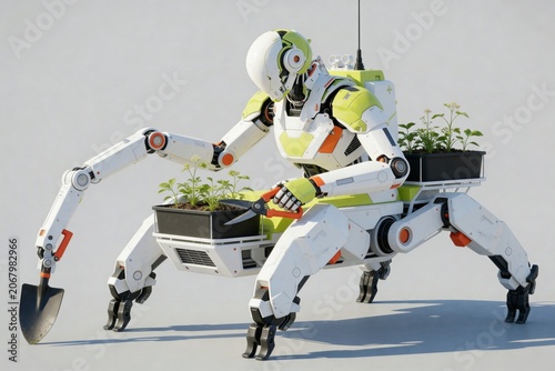 Modern futuristic cyberpunk technology illustrations in 3D render style, with white, green, and orange accents on a light gray background