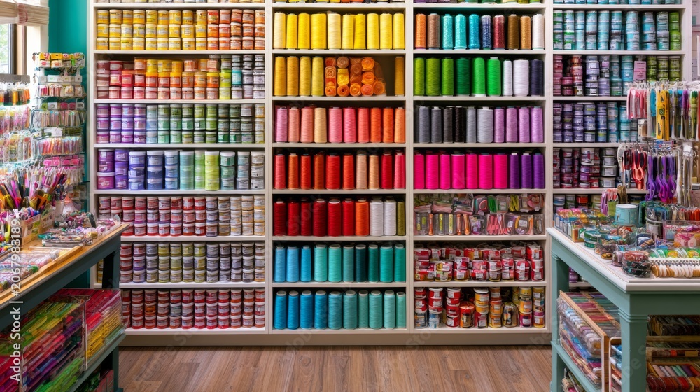 Obraz premium Colorful Hobby Store Interior with Neatly Organized Shelves of Craft Supplies and Materials for Creative Projects