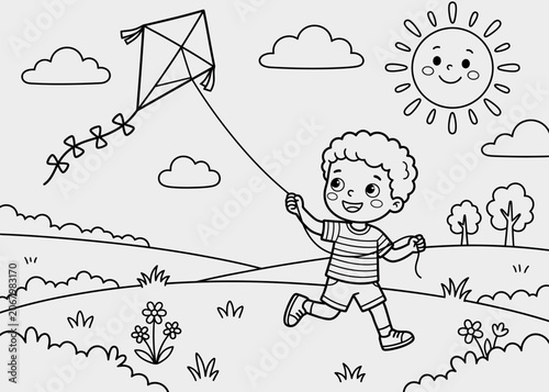 Schilderij op canvas Happy boy flying a diamond kite on a sunny day with clouds and trees line art il