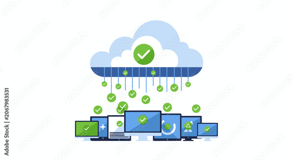 Fototapeta premium Cloud Computing Data Synchronization and Secure Backup Concept with Verified Checkmarks across Multiple Digital Devices