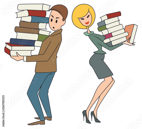 Stressed students carrying heavy books.