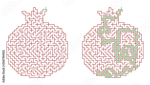 Autumn-themed maze illustration featuring a pumpkin shape with a visible path solution highlighted in green for print use and educational purposes