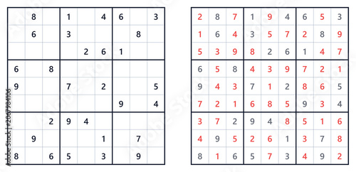 Classic Sudoku puzzle with answers displayed on the right side, featuring a hard level grid layout with numbers arranged in a 9x9 format for print use