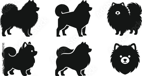 Bild auf Leinwand Pomeranian Dog Silhouette Icon Set Featuring Fluffy Spitz Puppies Standing in Pr