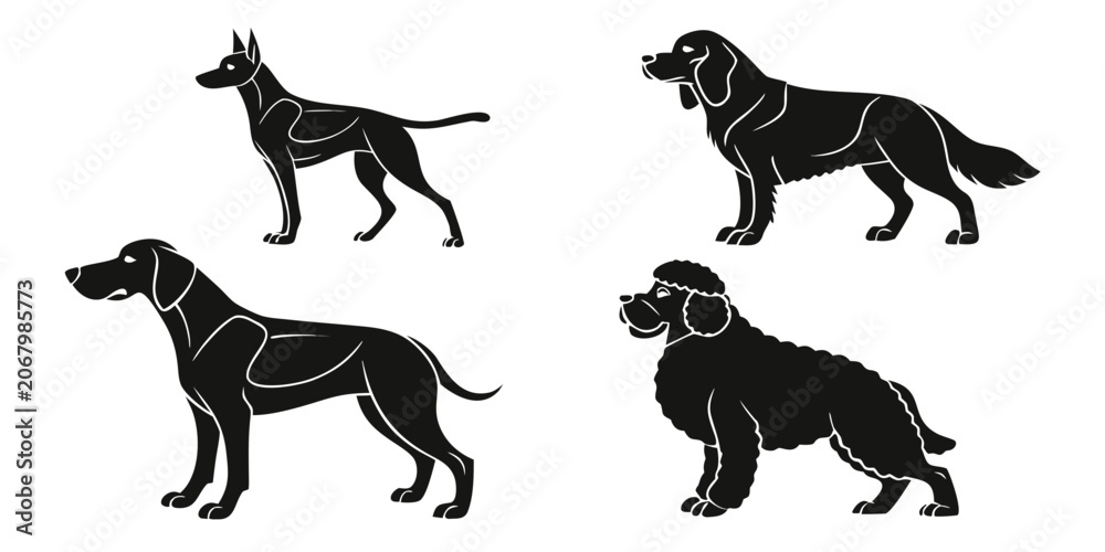 Obraz premium Black silhouette of four dog breeds standing and walking standing dog walking dog