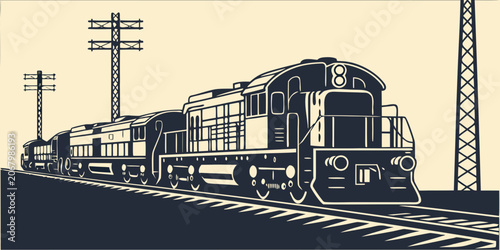 Tableau sur toile Black and white of vintage train locomotives on railway tracks steam engine