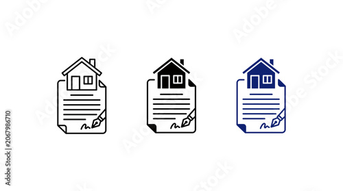 Real Estate Contract and House Insurance Document Icon Set for Property Agreement, Mortgage Signing, and Home Deed