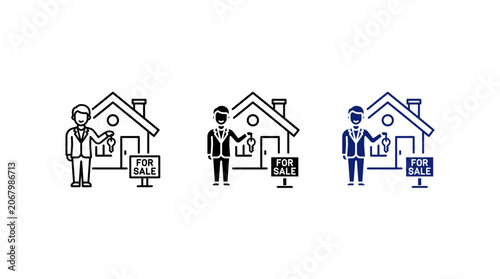 Male Real Estate Agent with House Key and For Sale Sign Icon Set for Property Market, Home Buying, and Realtor Broker Services