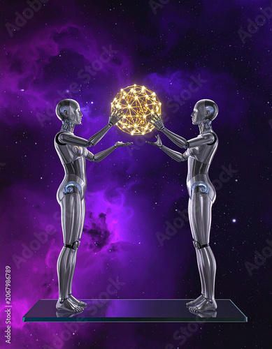 Two futuristic metallic female androids stand on a glass platform, holding a glowing golden data sphere against a stunning cosmic purple nebula background. Perfect for AI concepts.