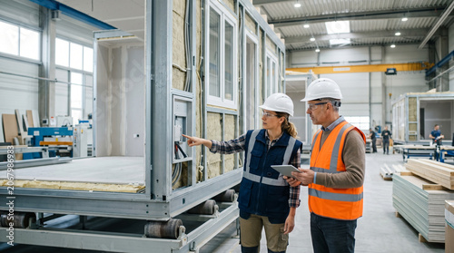 Engineers inspecting modular building frame