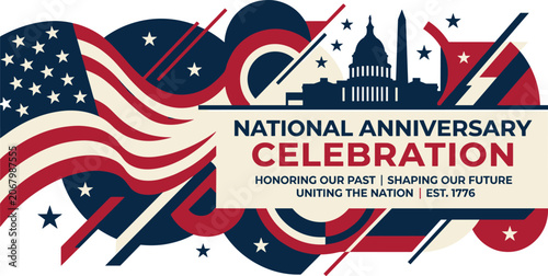 American National Anniversary Celebration Vector Banner with Waving USA Flag United States Capitol Silhouette and Geometric Patriotic Independence Day Design Elements